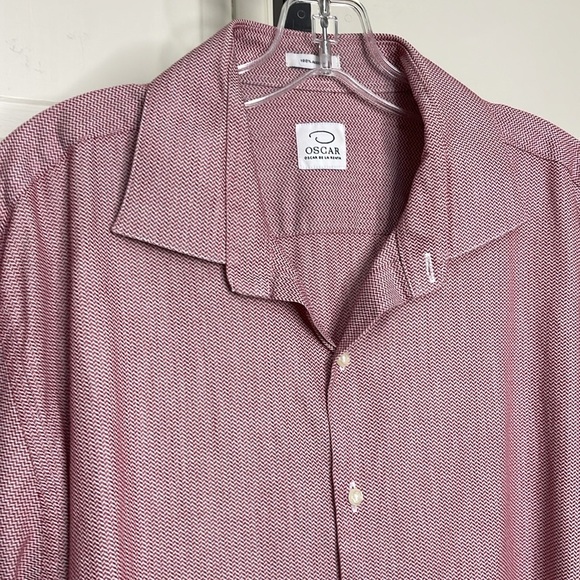 Oscar De La Renta Men’s Button Up Shirt 18 (34-35) Red Herringbone Dressy - Picture 2 of 14